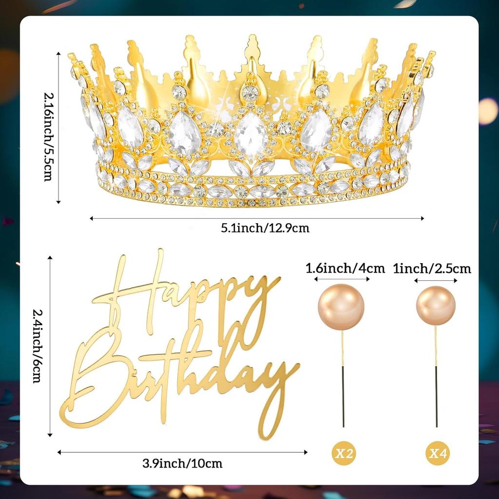 8Pcs Queen Crown Birthday Cake Topper for Women Rhinestone Crystal Tiara Wedding Happy Birthday Cake Decoration