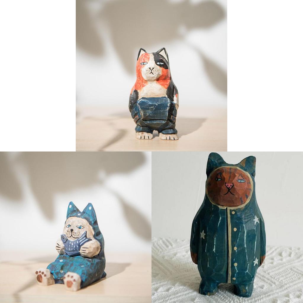 Wooden Cat Sculpture Creative Home Office Desk Ornament For Gifts And Decor