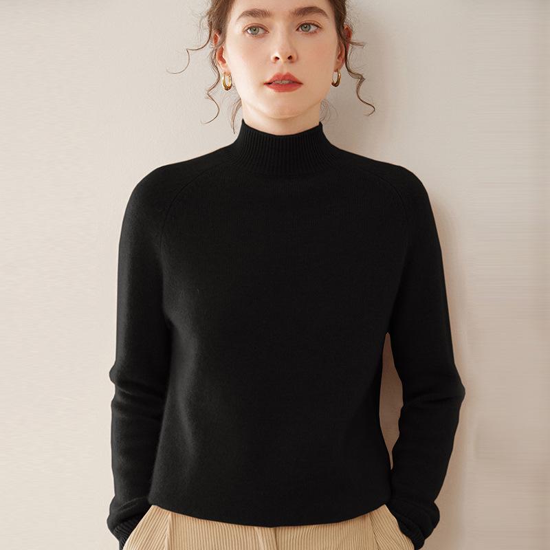 Women's 100% Pure Cashmere Soft Knit Sweater, Half-High Neck, Loose, Skin-Friendly, Slimming Base Layer