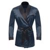Mens Contrast Smoking Jacket Robe Belt Lapel Long Sleeve Side Pockets Satin Kimono Bathrobe Nightwear Loungewear