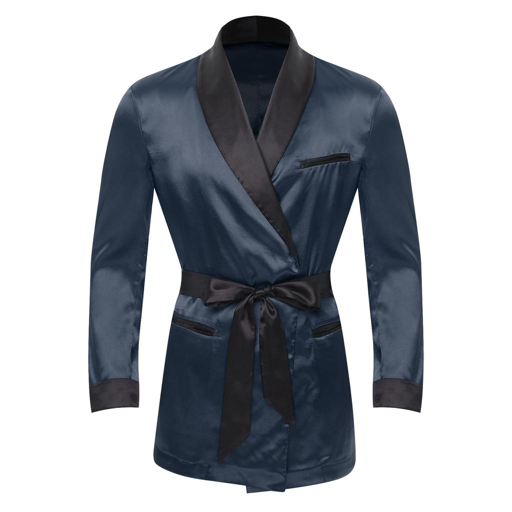Mens Contrast Smoking Jacket Robe Belt Lapel Long Sleeve Side Pockets Satin Kimono Bathrobe Nightwear Loungewear