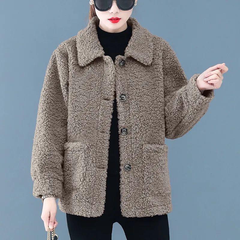 Women's Lambskin Granular Fleece Coat - Autumn/Winter Cardigan for Middle-Aged