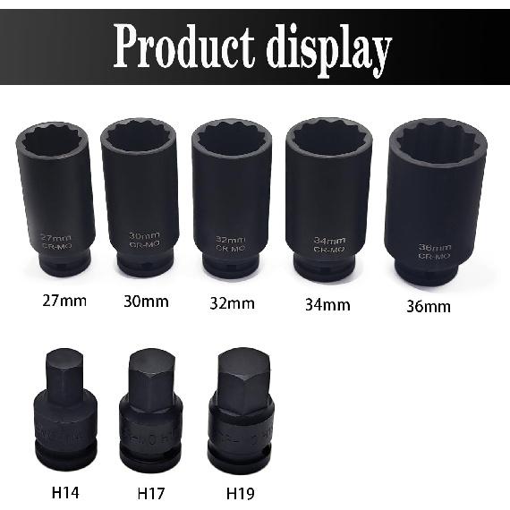 8PCS 1/2-Inch Drive Deep Impact Socket Set, 12 Point Heavy Duty Drive Deep Spindle Axle Nut, Impact Socket Nut Removal and Installation Kit.