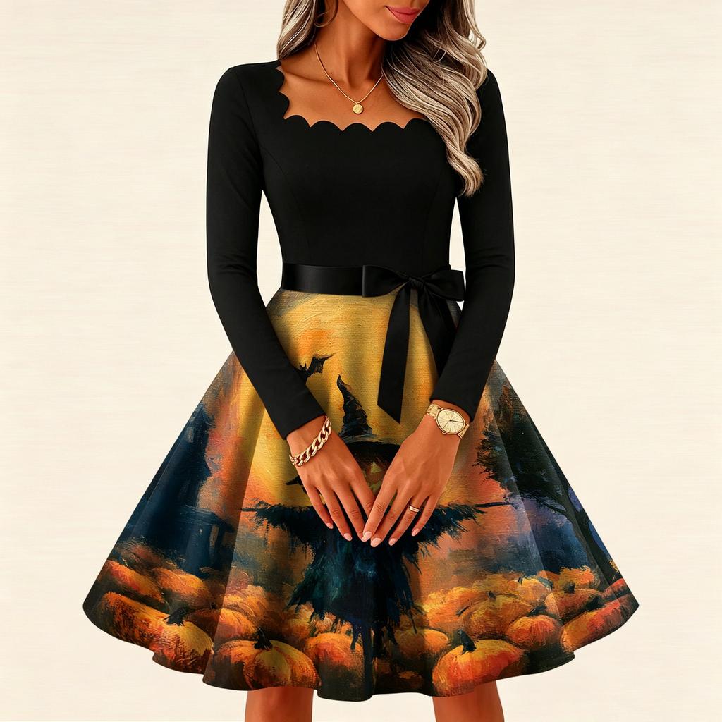 Women's Vintage Long Sleeve Square Neck Halloween Printed Party Dress for Evening Wear