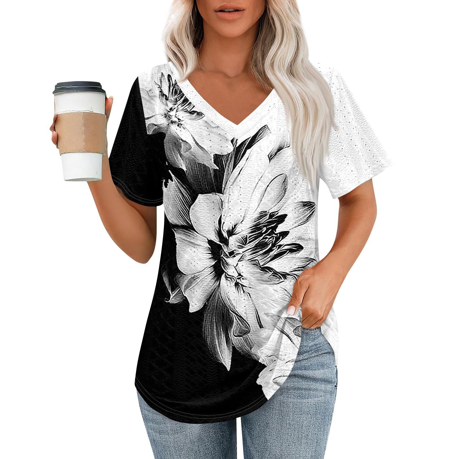 

Женские футболки с V-образным вырезом и коротким рукавом, повседневные топы свободного кроя, базовые футболки с закругленным подолом M чёрный