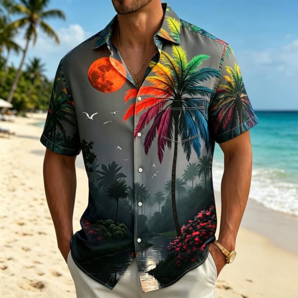 Men s Tropical Landscape Printed Holiday Shirt Suitable for Tropical Beach Vacation Versatile Shirt S