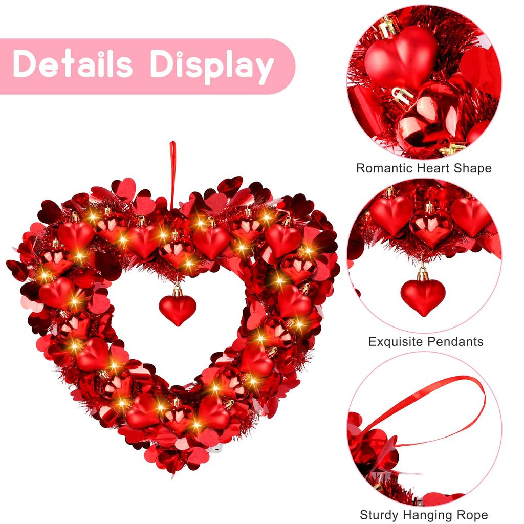 Valentines Day Wreaths for Front Door,14-Inch Valentine's Day Wreath with Lights,Heart Design with Heart-Shaped Ornaments