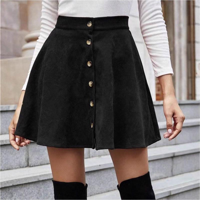 2026 Women's Solid Corduroy Half Skirt - Sweet, Fashionable, Single-Breasted Casual Wear for All Seasons