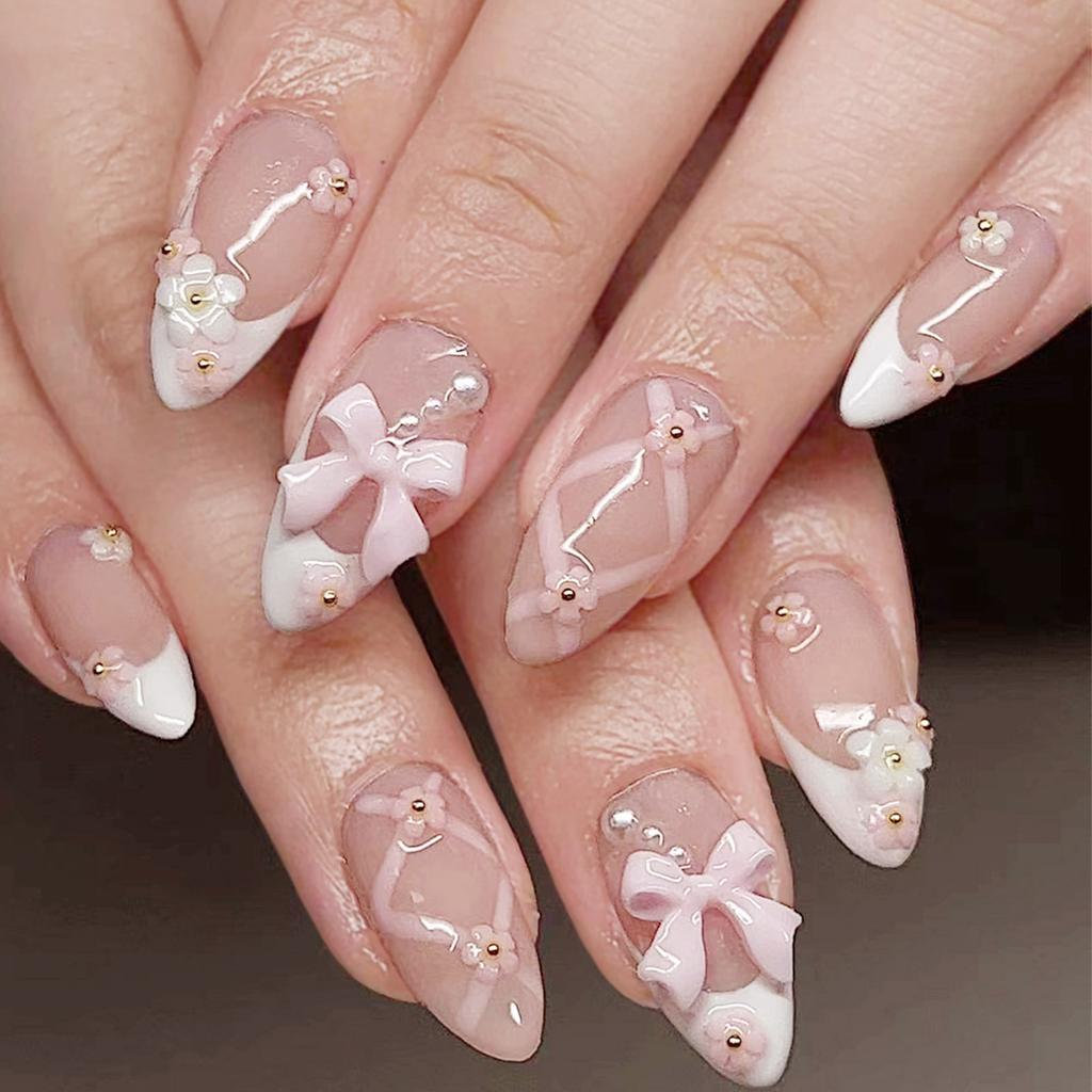 24Pcs Almond Shape False Nails Brown Stripes Pink Flowers Fake Nails Wearable Full Cover Nails Tips Acrylic Nail Tips False Nail