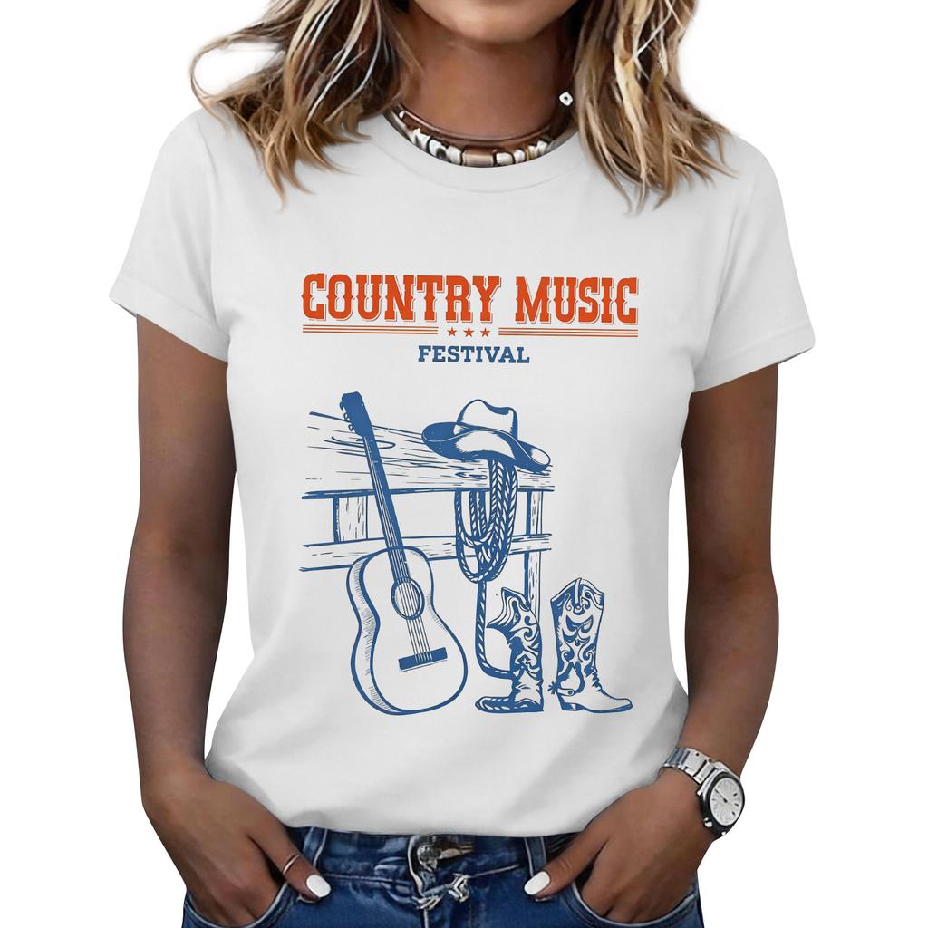 Women's Casual Short Sleeve Neck T-Shirt with Music Print for Everyday Wear