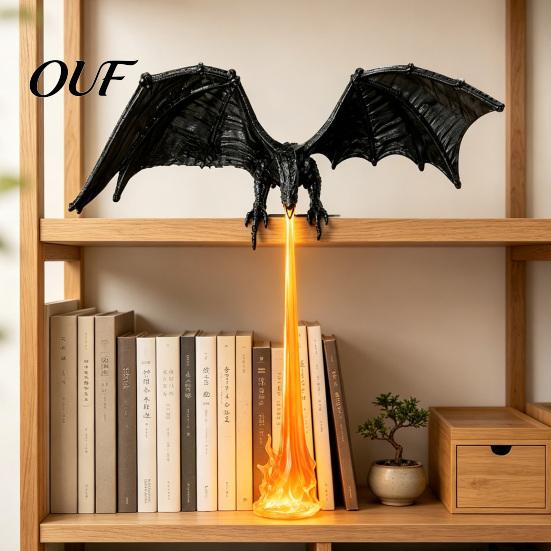 Durable PLA Dragon Model 3D Printed Fire-Breathing Bookshelf Decor, Fantasy Nook Light, Flying Figurine Theme Display with Flame, Halloween Shelf for