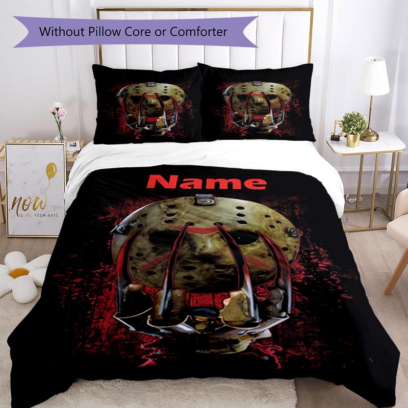 3pcs Custom Name Friday the 13th Bedding Set Duvet Cover Closure Includes 1 Duvet Cover & 2 Pillowcases, Soft and Comfortable for All Seasons.