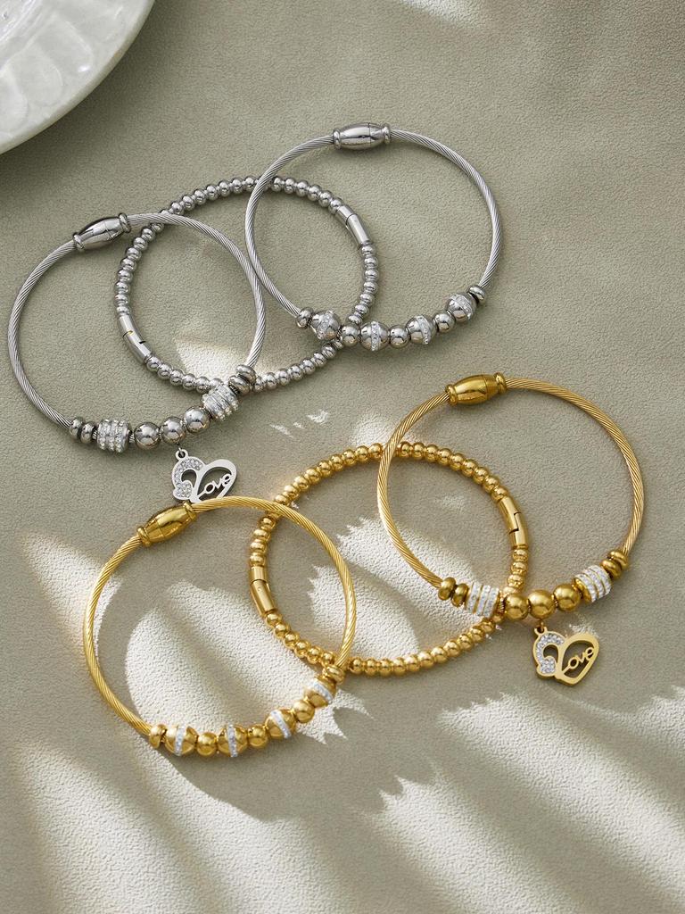 18K Gold-Plated Stainless Steel Geometric Zircon Bracelet Set - European & American Style, Personalized High-Texture Design.