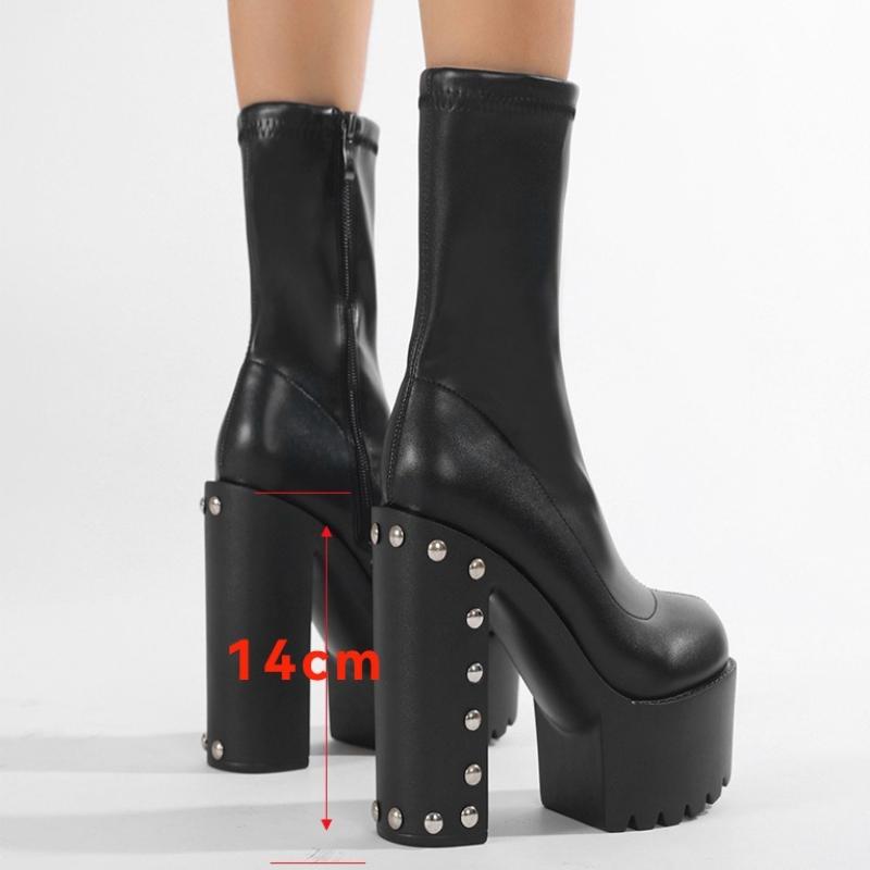 Fashion 14 Cm Super High Heel Platform Boots Women Black Rivets Punk Style Ankle Boots for Women 43 Large Size Side Zipper Modern Boots