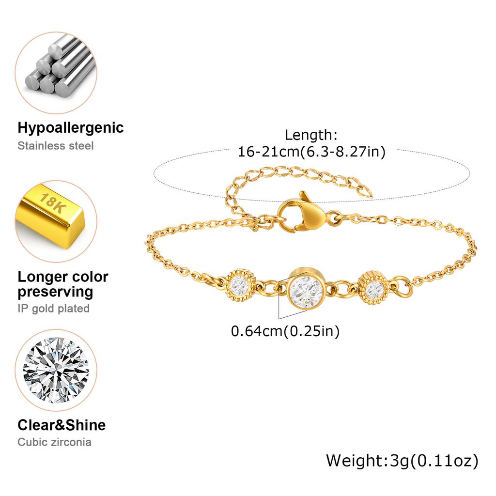 Stainless Steel Three White Zirconia Bracelet Flat Rolo Chain for Women Gold Color Adjustable Engagement Party Trendy Jewelry