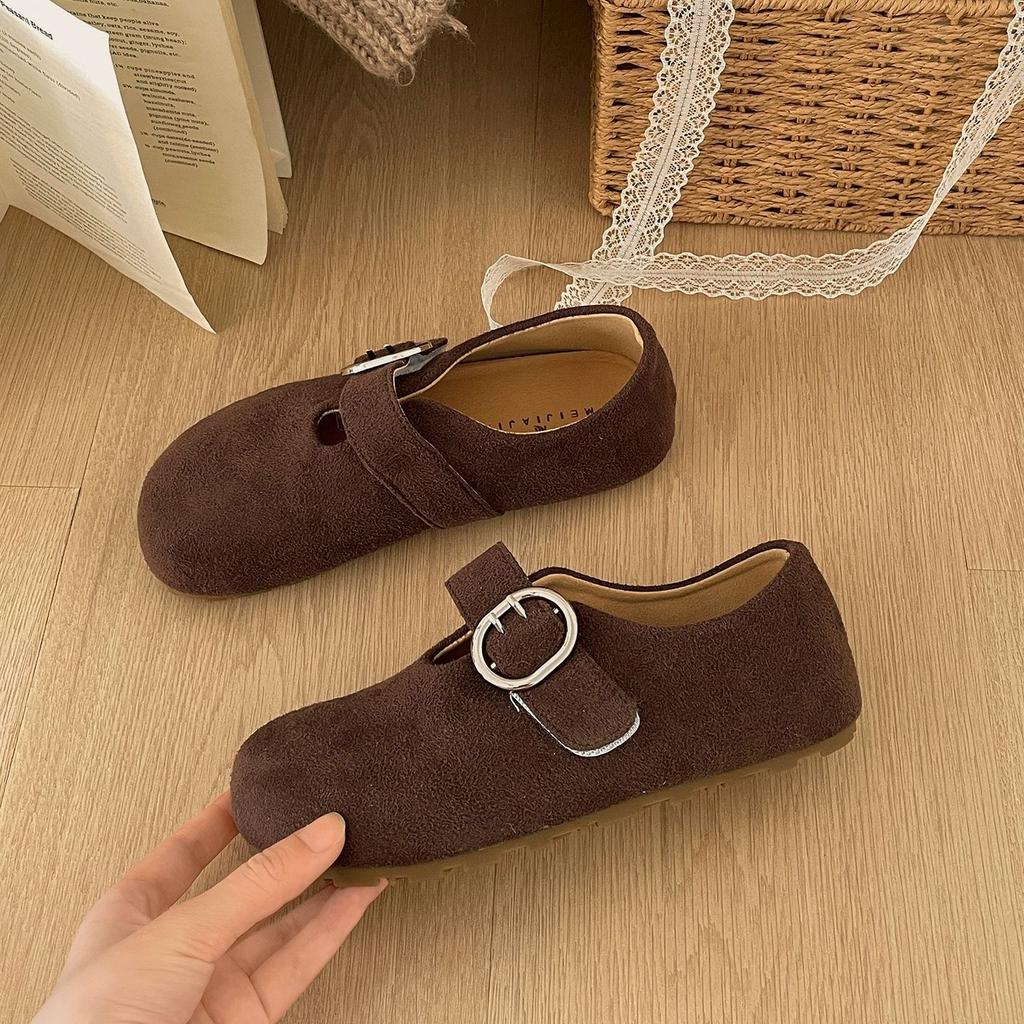 Cowhide Version! Round Head Retro Casual Single Shoes Women's 2025 Autumn New Fashion One-word Buckle with Flat Beanie Shoes