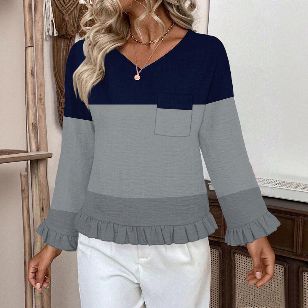 Dámský ležérní módní top s volánky, výstřihem do V, potiskem a dlouhým rukávem