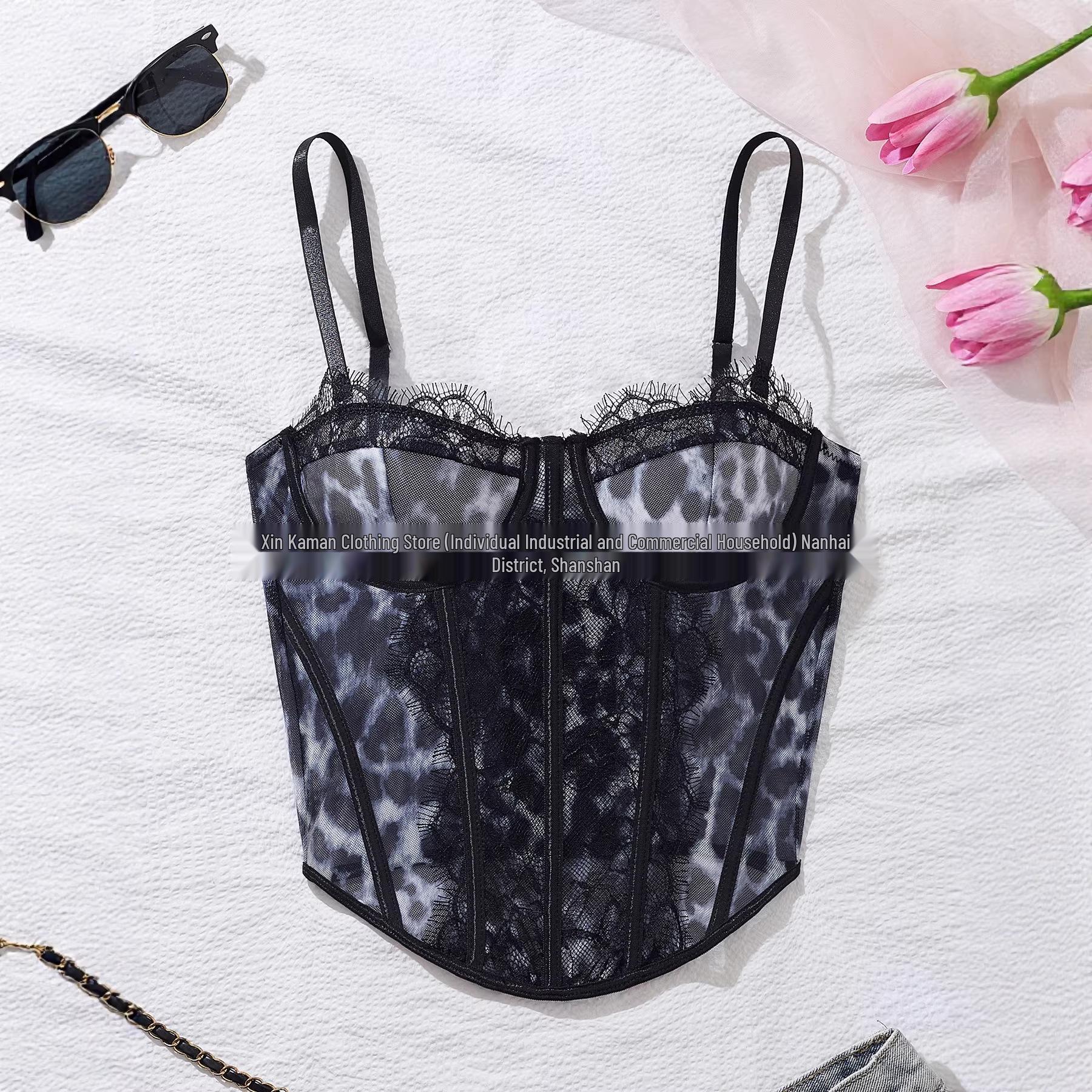 Европейский и американский пикантный черный кружевной формирующий топ-камисоль с косточками 2026 Medium чёрный