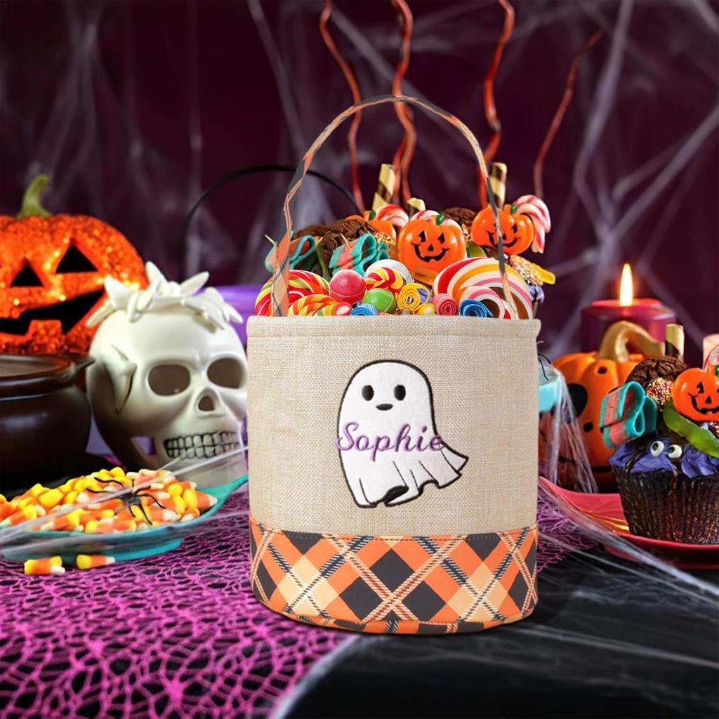 1pcs Kids Halloween Candy Bag Storage Basket Imitation Linen Plaid Fabric Design Portable Decoration Halloween Candy Bag