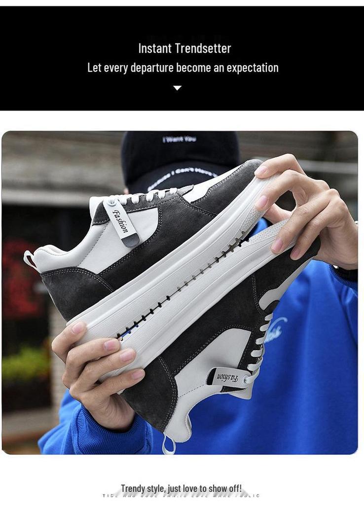 8cm Height-Increasing Cowhide White Sneakers - Trendy, Breathable, Casual Sports Shoes for Men.