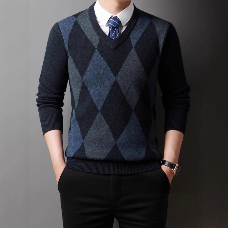 Herren V-Ausschnitt Pullover Herbst Winter Neu Argyle Muster Pullover Strickware zum Layern
