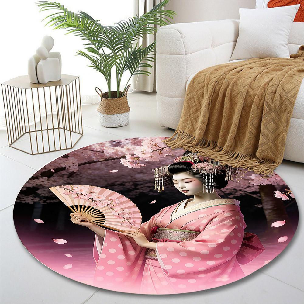 Geisha with Sakura and Fan in Pink Kimono Print round rug, living room, bedroom, playroom carpet, non slip floor mat, gift