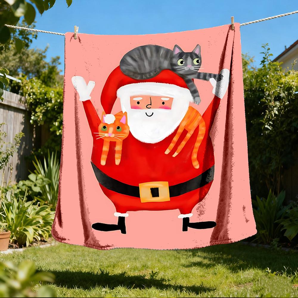 1pc Santa Claus , Cats Outdoor Flannel Blanket Soft All Season Polyester Throw , Perfect for Picnics & Travel , Picnic Accessory
