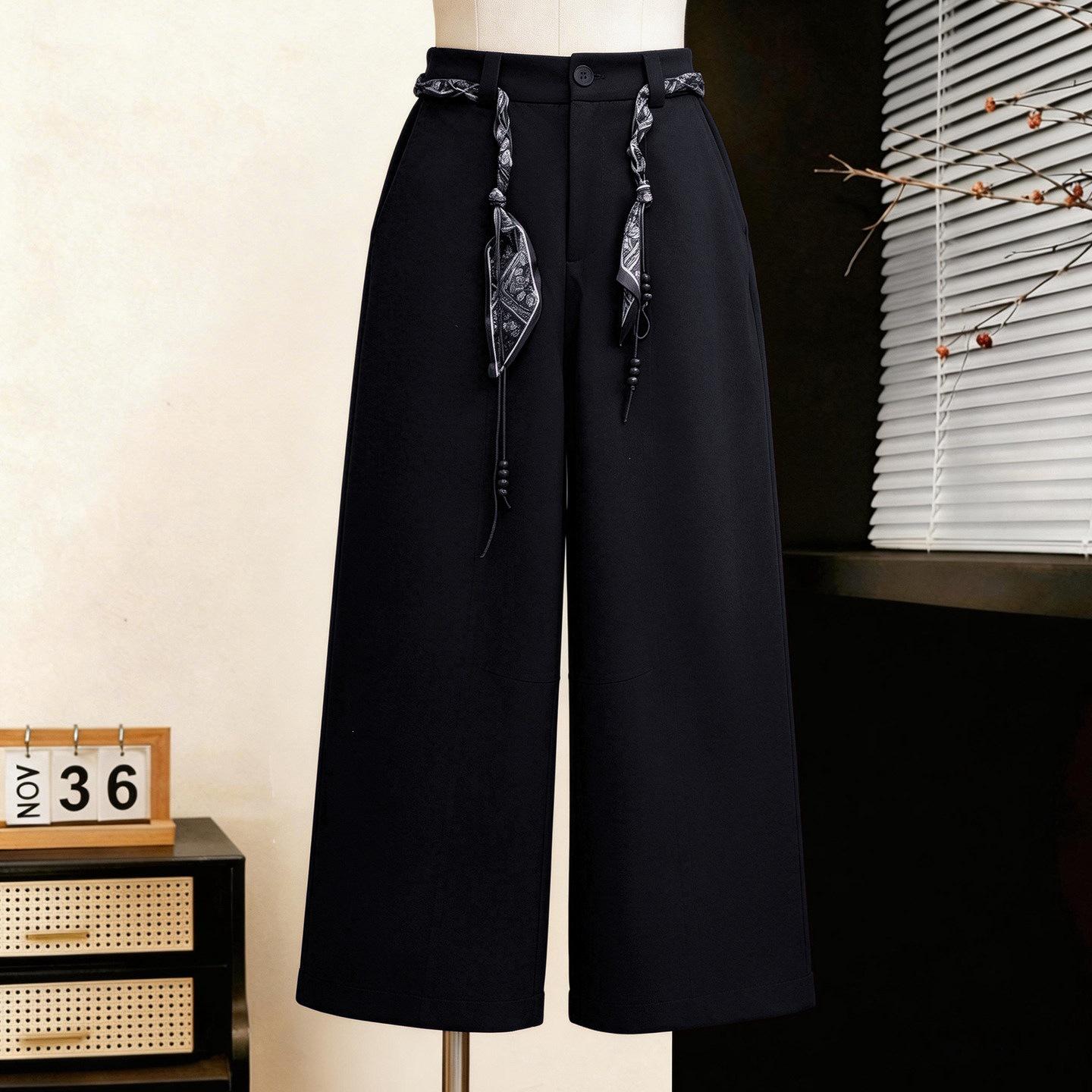 

2026 Spring Elegant High-Waisted Wide-Leg Silk Belt Pants 3XL: 130-145 lbs