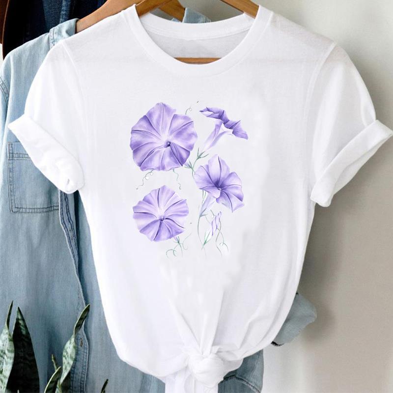 (European Size)  90s Top Fashion Short Sleeve Tee Flower Watercolor Cute Trend T-shirt Women Clothing Casual Print Lady Female Graphic T-shirt