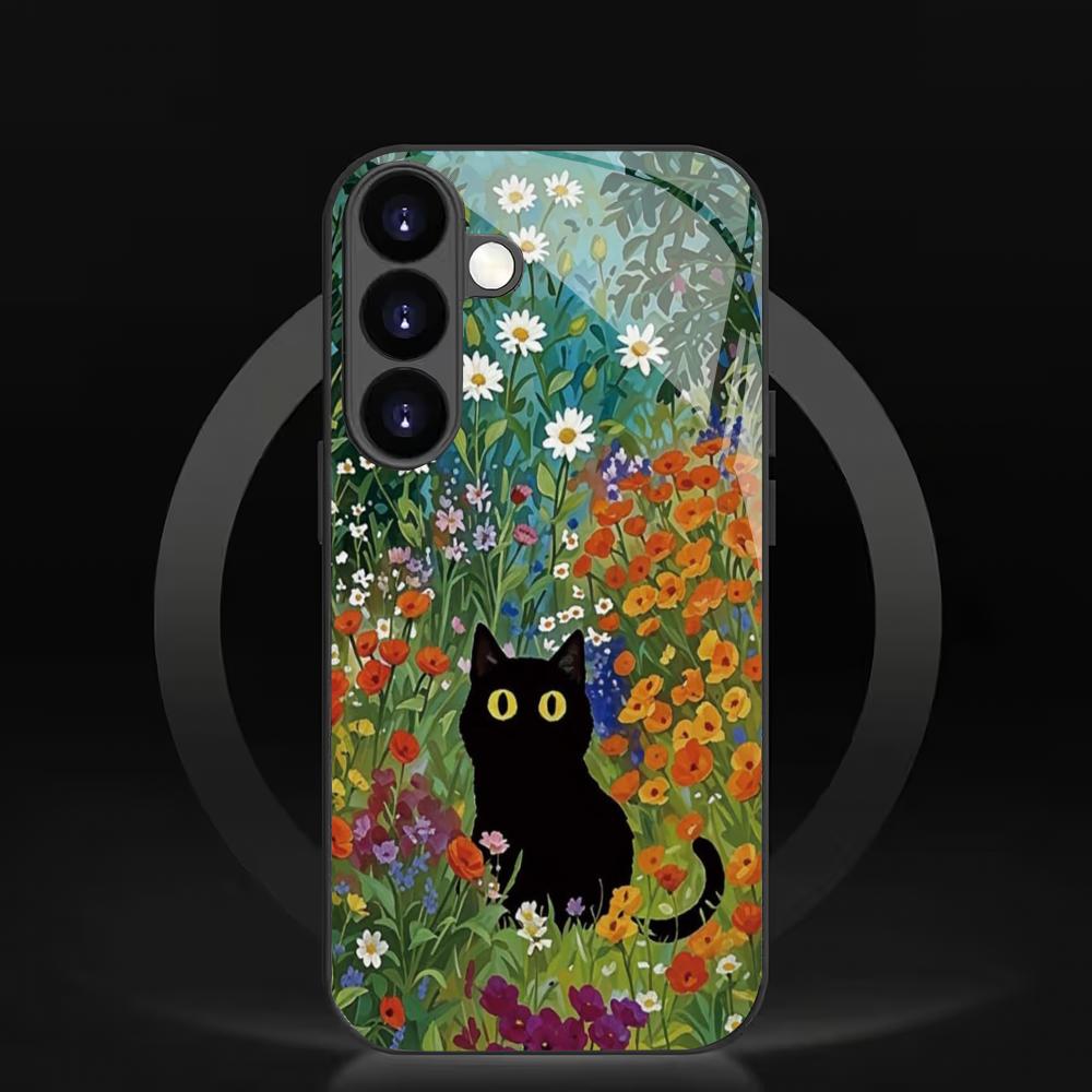 Katze im Blumenbusch gehärtetes Glas Handyhülle geeignet für Samsung Galaxy S26 S25 S24 S22 S21 S20 FE/Ultra/Plus sturzsicher