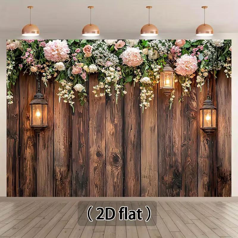 

2D Romantic Wood Flower Backdrop, Vintage Plank Wall with Pink Blooms for Engagement Party 47.2x31.5inch/120*80cm