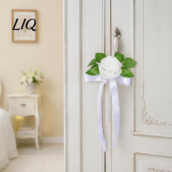 Realistic Artificial Car Flowers White Rose Wedding Decoration, Door Handle & Rearview Mirror Flower Bouquet Fairy Tale Decor with Satin Ribbon
