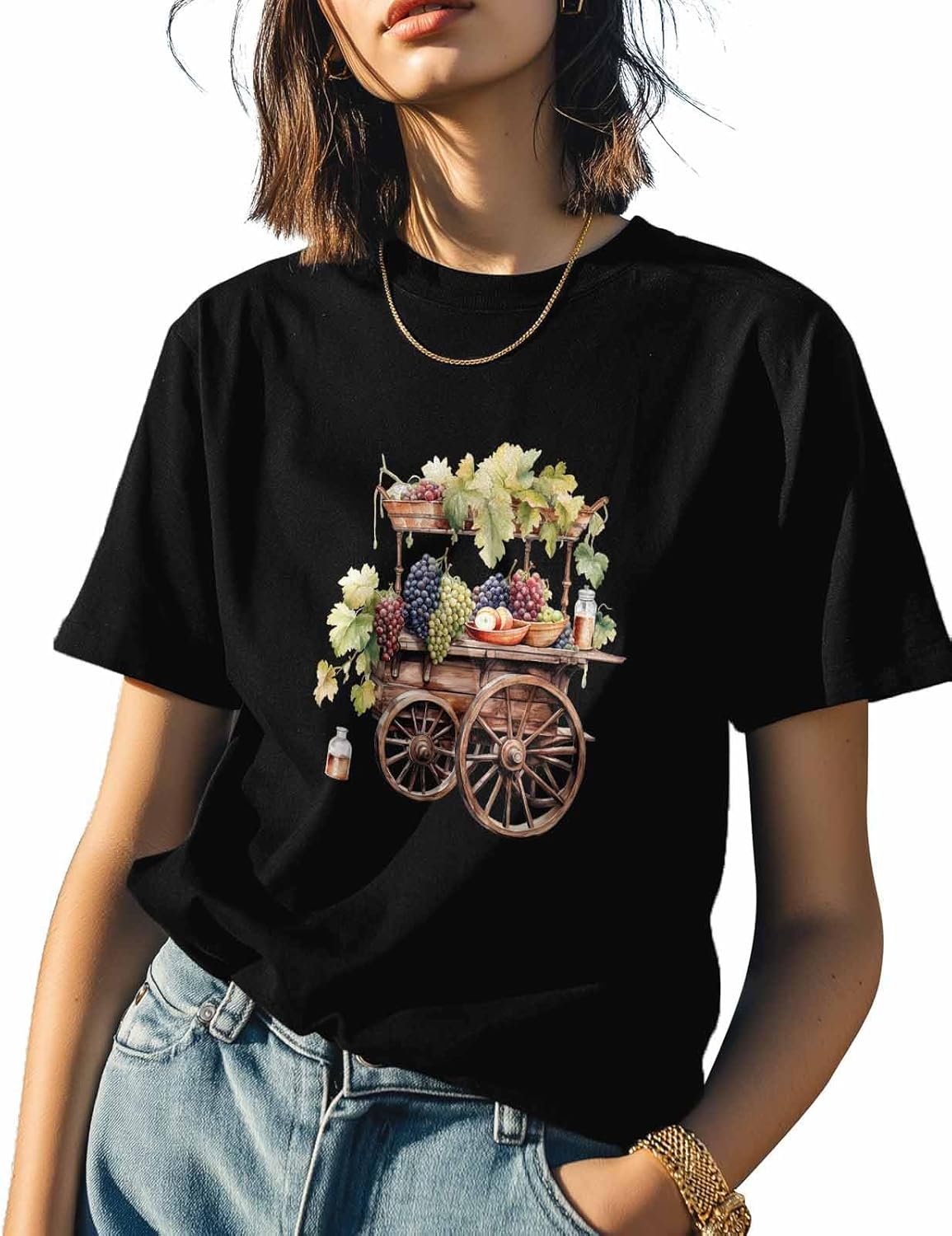 

T Shirts for Women Graphic Tees Wooden Cart Crew Neck Short Sleeve Shirts for Women Grapes Casual T-Shirt 5XL різнокольоровий
