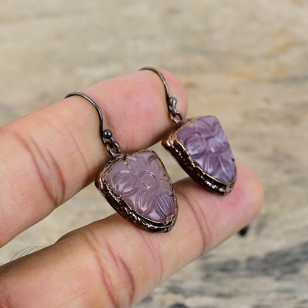 Carved African Amethyst Earring Electroformed Copper Earrings Handmade Copper Jewelry Gemstone Earring Gift For Mother Electroformed Jewelry