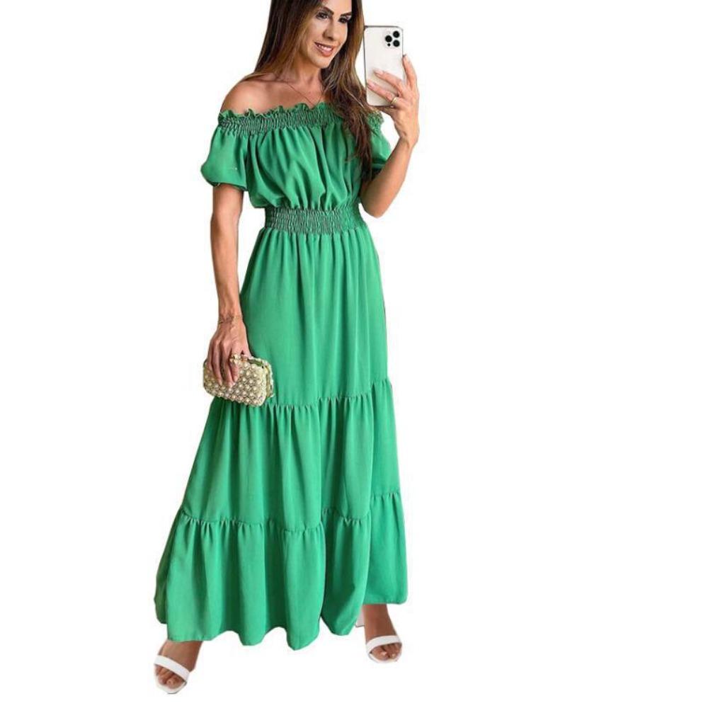 Women's Off The Shoulder Short Sleeve Solid Maxi Dress High Waist Loose Fit Casual Tiered Dress