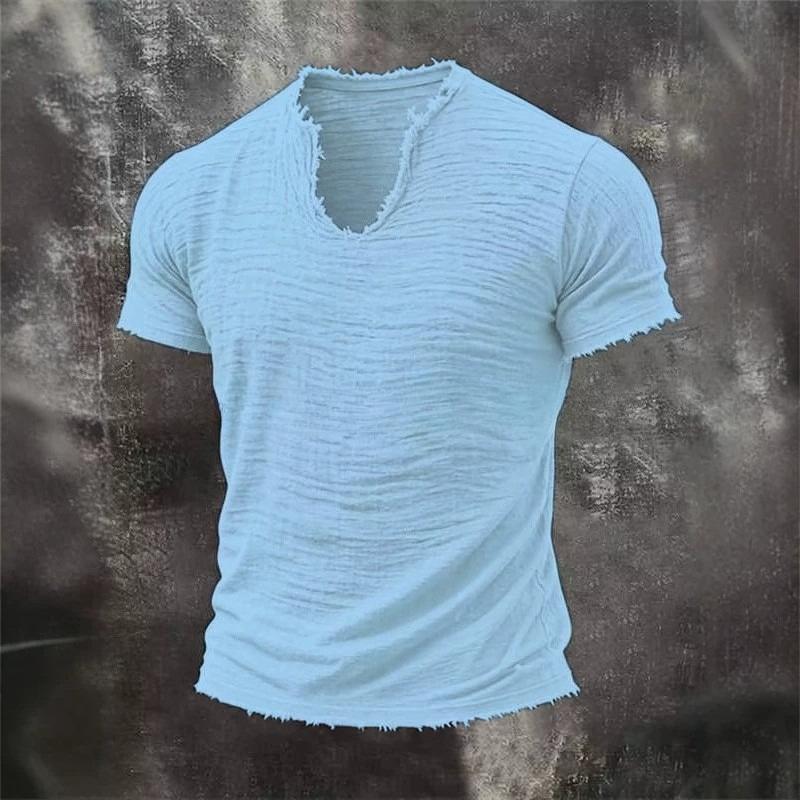 2026 Solid-color Men's Retro Cotton-Linen Mustache Edge Special V-Neck Short-Sleeve T-Shirt