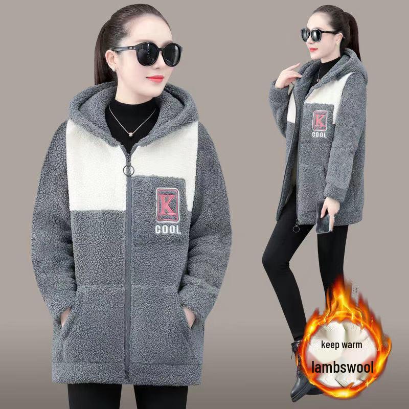 

Women s Korean Style Embroidered Color-block Jacket - Autumn/Winter Lambswool with Leather-like Fur and Thick Fleece XL серый