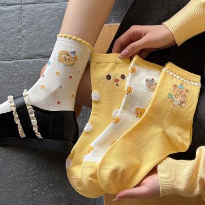 2 Paar Herbst- und Winter-Knochenlose Süße Socken, Feine Gekämmte Baumwolle, Gelb, Kleine Bärenform, Blasenmund, Socken