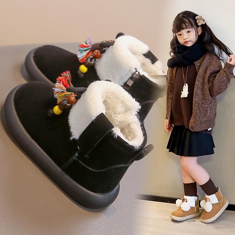 [Winter Retro Ethnic Beaded Snow Boots Maillard Fringe Ankle Boots Trendy Baby Shoes]