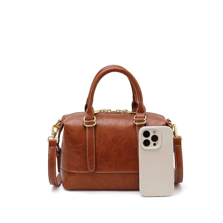 Vintage Oilwax Leather Boston Bag Women's Portable Messenger Bag
