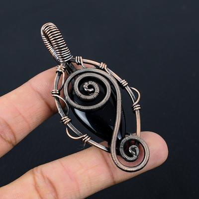 Black Onyx Gemstone Pendant Pure Copper Wire Wrapped Handmade Jewelry For New Year Gift