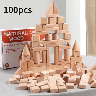 100 Stück Naturholz-Bausteine für Kleinkinder Geometrischer Aufbewahrungseimer und Formensortierdeckel Montessori Lernspielzeug