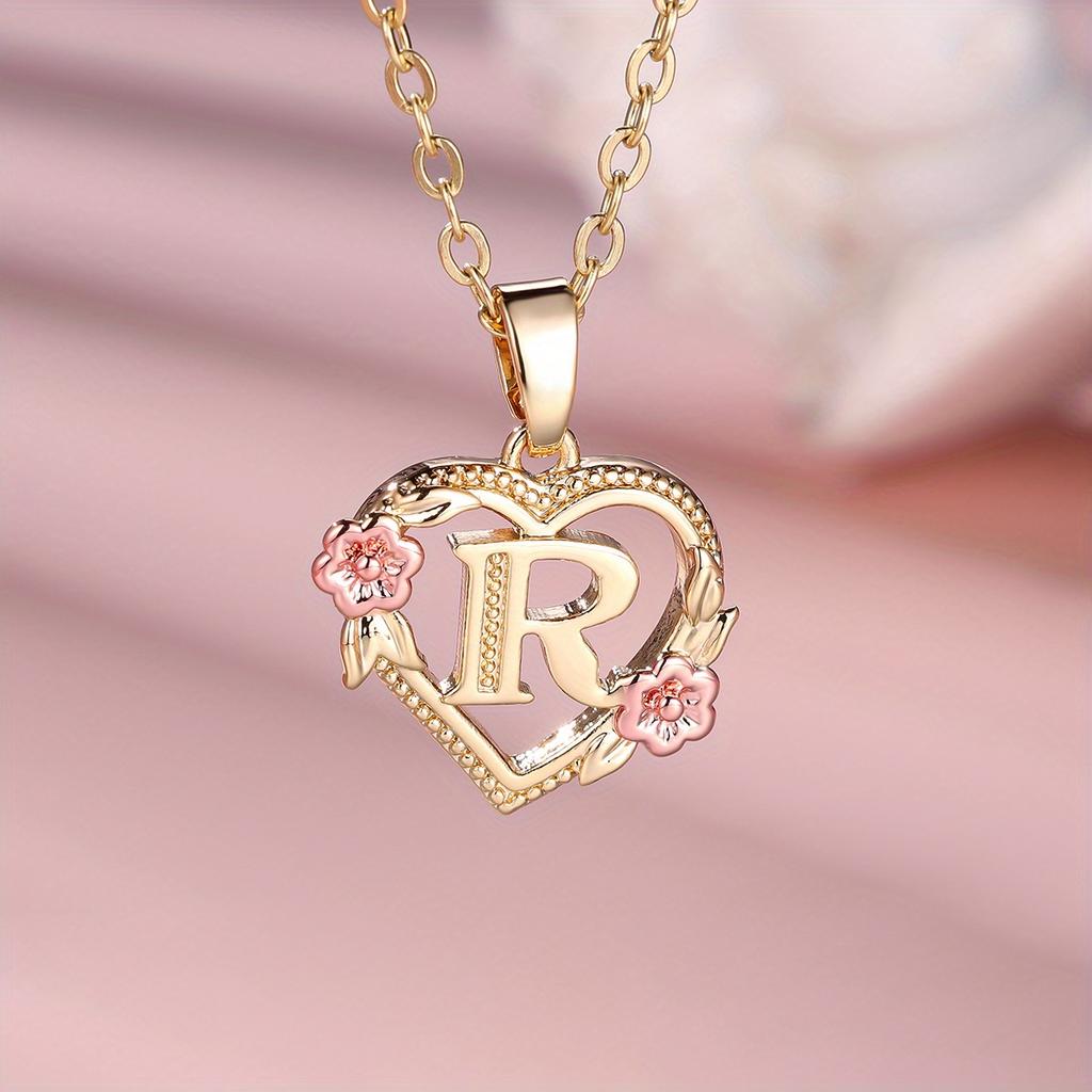 1 Pc Golden Color 26 English Letter Heart Necklace Rose Flower Pendant Wedding Band Jewelry Valentine's Day Gift
