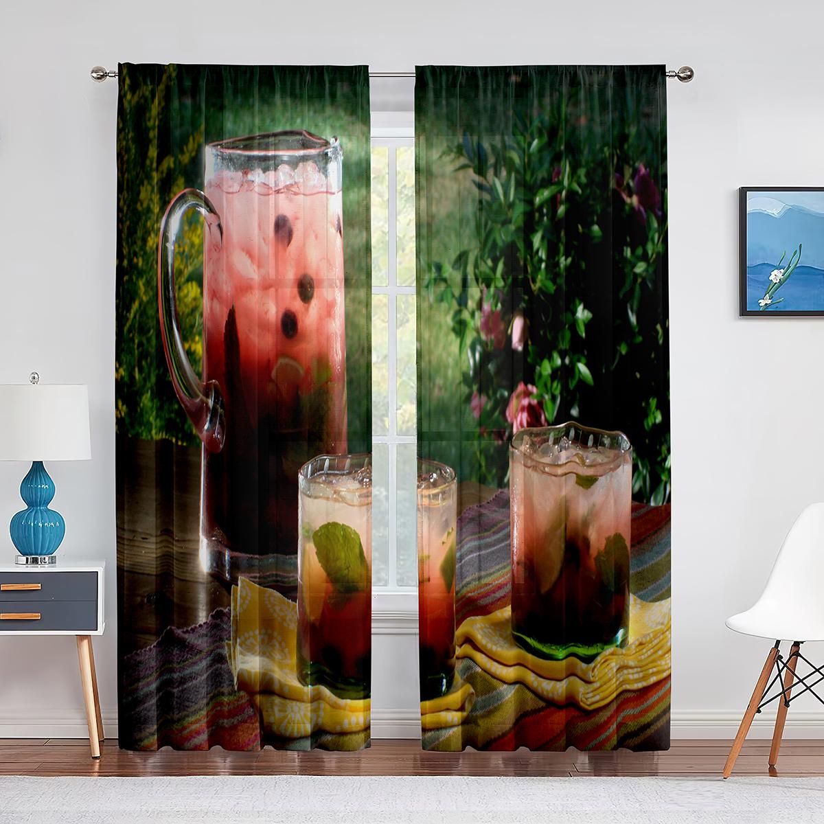 

Коктейли крупным планом ледяные коктейли малиновые тюлевые шторы для спальни, зала, декора гостиной, прозрачная занавеска из вуали, кухонные шторы 1 PCS W100XH250cm&Grommet Top