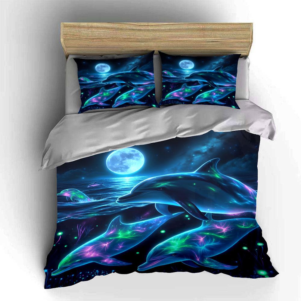 Neon Dolphins Under Moonlight Bedding Set For Kids Luxury Gift 3Pcs Digital Print Comforter Set Soft Comfortable Breathable