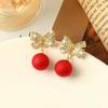 S925 Silver Needle Red Pearl Diamond Earrings - Light Luxury European and American Christmas Style
