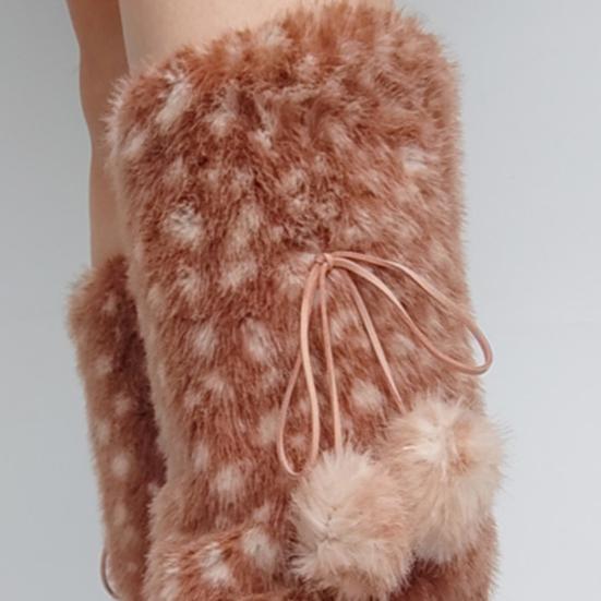 Deer Print Leg Warmers Women Faux Fur Fuzzy Calf Warmers with Pompoms Fluffy Boot Cuffs Cover for Sneakers Girls Winter Street Wear