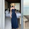 VENUIE Dark Blue Pleated Backless Lace-Up Long Sleeve Split Midi Dress