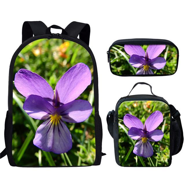Classique Populaire Drôle Beau Violet Lilas Impression 3D 3 pièces/Ensemble élève Sacs d'école Sac à dos pour ordinateur portable Sac à dos Sac à lunch Trousse