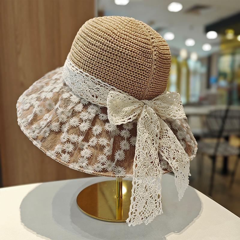 Summer Female Daisy Lace Bow Straw Hat Big Brim Sunshade Sunscreen Hat Fashionable Versatile Bucket Hat